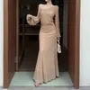 Vestido de hombros descubiertos estilo francés, corte ajustado, nueva colección primavera/verano, con cintura fruncida, mangas abullonadas y mangas largas, vestido largo para mujer