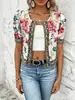 Chaqueta Corta Estampado Floral con Cuello Redondo y Mangas Abullonadas, Cárdigan de Manga Corta con Adorno Estilo Étnico, Ropa Casual para Mujer Estilo Vacacional al por Mayor