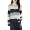 Chaqueta de punto fino de manga larga a rayas, nuevo cárdigan de punto para mujer otoño-invierno 2026 lana cuello redondo colorblock