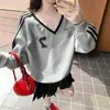 Sudadera de Empalme a Rayas con Encaje, Manga Larga para Mujer, Cuello en V, Otoño e Invierno, Talla Grande, Diseño Dulce, Top con Capucha de Nicho
