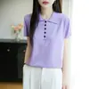 Polo Feminino de Seda Gelada de Manga Curta para o Verão, Simples, Roupa de Trabalho, Tricô, Respirável e Fresco, Top Básico Versátil