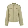 Chaqueta vaquera corta estilo retro americano con cuello mao, lavada, desgastada, para mujer, temporada de primavera y otoño, hombro recto, chaqueta de motorista