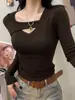 Camiseta de Manga Larga con Parches en V de Color Café para Mujer, Capa Base de Forro Polar para Otoño e Invierno, Top de Diseño Ajustado