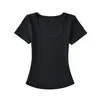 Camiseta de manga corta ajustada con cuello en U para mujer, nuevo estilo de verano 2026, top corto ajustado de color liso llamativo con cintura descubierta
