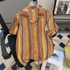 Camisa de Manga Corta con Cuello Cubano Tejida Hueca Estilo Étnico para Hombres y Mujeres, Camisa de Manga Corta con Diseño Retro de Bloques de Color de Verano