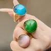 Anillo Ovalado de Piedra Ojo de Gato Simple y Elegante, Joyería de Moda de Lujo Ligero Personalizada, Acero Inoxidable Chapado en Oro Real de 18 Quilates