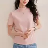 Camiseta para Mujer con Costura Central, Primavera/Verano 2026, Algodón Merceizado, Manga Corta, Cuello Medio, Versátil para Usar en Capas o Sola, Corte Holgado, Cuello Semi Alto, Top de Cuello Alto