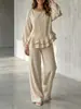 Amazon Cross-border 2026 Estilo Outono/Inverno Roupas Femininas Europeias e Americanas Cor Sólida Casual Top Calça Longa de Pernas Largas Conjunto de Terno Elegante para o Dia a Dia