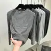 Camada base feminina listrada de gola alta para outono e inverno, roupa íntima fashion, camiseta de manga longa escovada com forro de fleece, top justo, moderno