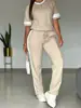 Conjunto Casual Novo Primavera e Verão Europeu e Americano Transfronteiriço Conjunto de Duas Peças Popular para Mulheres com Top de Manga Curta e Calça com Listras Laterais e Color-Blocking