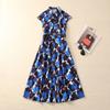 Elegante Vestido para Mujer Marca D Todo Algodón Cuello Vuelto Recto Estampado Camuflaje Azul Spray Acampanado Falda Línea A Modelo Nuevo 2025