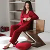 Pijama feminino 100% algodão, conjunto de manga longa e calça longa para primavera e outono, cor bordô, cardigã com gola de lapela, festivo para o ano do zodíaco para mulheres