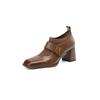Casual Retro Piel de Vaca Tejido de Punto 2024 Primavera Tacón Alto Grueso Punta Cuadrada Zapatos Pequeños de Cuero Hebilla Cuadrada Flats de Boca Profunda Talla Grande 42