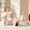 Taza de Cerámica Suave y Linda de Gato Taza de Dibujos Animados con Popote Femenina de Oficina de Aspecto Elegante Taza para Pareja en Casa con Tapa
