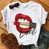 Comercio Exterior Amazon Camiseta con Estampado de Labios para Mujer de Manga Corta Holgada Moderna Casual Cuello Redondo Top Blanco de Manga Corta