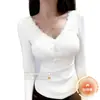 Camiseta Térmica de Encaje con Cuello en V para Mujer, Top Grueso y Cálido de Manga Corta Ajustado para Otoño e Invierno, Cepillado
