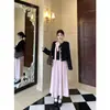 Tamanho Plus Preto Trufa Estilo Coreano Estilo Coco Chanel Jaqueta Temperamento Gentil Estilo Menina Rica Top de Outono Gola Halter Cintura Marcada Saia Longa Feminina