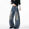 Jeans vintage de perna larga azul escuro para homens, corte slim de perna reta, estilo high street, com detalhes rasgados e caimento solto