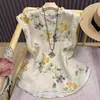 2026 Nova Camisa de Algodão e Linho Estampada Sem Mangas Estilo Chinês Vintage Aprimorada para Mulheres, Camisa Vestido de Chá Elegante Versátil Artístico