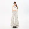 Calças Cargo Plissadas Soltas Estampadas Personalizadas Jeans Retrô de Algodão para Mulheres Primavera Nova de Perna Larga Roupa Casual de Trabalho