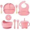 Conjunto de Louça de Silicone para Bebê com Nove Peças Tigela Redonda Dividida com Tampa Babador Prato Dividido Tigela Colher Garfo Conjunto de Copos