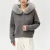 Suéter con Capucha y Cuello Grande de Piel Estilo Coreano Otoño/Invierno para Mujer Cardigan de Punto Trenzado con Cremallera Sudadera con Capucha de Temperamento Holgada Adelgazante