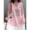283 # Camiseta lisa de algodão e linho com gola redonda e mangas compridas para mulheres, leve para primavera-verão, comprimento médio, vestido-camisa de algodão e linho, top
