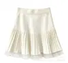 Falda midi de punto con retazos de encaje de lunares, falda corta plisada de línea A de cintura alta, estilo delicado, favorecedora para figuras petite