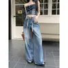 Jeans retro azules simples y casuales con cordón para mujer, con diseño de tiro alto, corte holgado, efecto adelgazante y estilo versátil de pierna ancha, perfectos para otoño