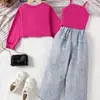 Ropa Nueva de Otoño Europea y Americana para Niños Camisa Morada de Manga Larga Más Chaleco con Jeans Moda Tendencia Niña Ropa para Niños Venta al por Mayor
