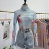 Foto Real de Camisa de Capa Interior de Cuello Alto con Patrón Animal de Color Contrastante Otoño e Invierno 2025 Manga Larga Top de Malla Tie-Dye 8957
