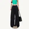 Calça de trabalho preta de secagem rápida estilo americano para mulheres, em estoque, nova coleção de outono 2026, corte solto, com caimento fluido, cordão, calça larga estilo paraquedas