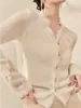 Zhengqite Ropa/ Cárdigan de Punto con Escote en V y Encaje Hueco para Mujer, Capa de Invierno con Parches de Encaje de Alta Gama en Mangas Largas