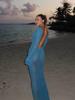 Ropa Europea y Americana 2025 Vacaciones en la Playa Junto al Mar Vestido de Punto Sexy sin Espalda Blusa Cut Out Falda Larga que Cubre las Caderas