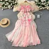 Vestido Longo Estampado de Um Ombro com Babados Estilo Resort para Mulheres na Primavera e Verão Estilo Coreano Cintura Alta Emagrecedor Elegante