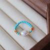 Nuevo Estilo Chino Retro Color Contrastante Estilo Literario Lujo Ligero Ágata Turquesa Perla de Agua Dulce Natural Anillo Elástico Venta al por Mayor para Mujeres