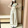 Jeans de cintura alta americana com dois botões, perna larga, design outonal feminino, solto, caimento que afina, calças compridas