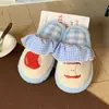 Zapatos de Casa Peludos Casuales de Algodón Cálido para Mujer, Estilo Japonés Lindo, Manzana Roja con Contraste de Cuadros, Otoño e Invierno