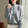 Cardigan Suéter Feminino Outono Inverno Lã Pura 95% Gola Meia-Alta Raglan Bordado Pesado Tricô Outerwear