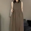 Vestido Longo de Algodão e Linho Xadrez Retrô Feminino 2026 Verão Simples Elegante Emagrecedor Sem Mangas