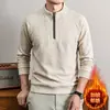 Moletom masculino Yingao com zíper parcial, novo estilo outono/inverno, forrado com fleece, texturizado, de manga longa, modelagem solta, peça de outer wear casual