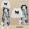Traje de Verano para Chicas Estudiantes de Secundaria Femeninas Verano Coreano Diseño Holgado Manga Corta Seda de Hielo Pantalones de Pierna Ancha Dos Piezas