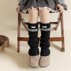 Meias de Algodão para Meninas Outono e Inverno Estilo Coreano Laço Renda Etiqueta de Tecido Meias de Cano Médio Cor Pura Lã Meias Quentes para Panturrilha
