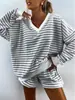 Conjunto de dos piezas a rayas, holgado, de manga larga y pantalón corto para mujer, casual y a la moda, nuevo artículo de tendencia transfronterizo europeo y americano para verano