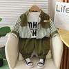Primavera Nuevo Camisa de Niño con Cuello de Mezclilla con Bloques de Color Ropa para Niños Traje de Camisa Casual de Manga Larga a Rayas para Niños Conjunto de Tres Piezas