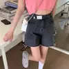 Shorts Jeans de Moda Verão para Mulheres Versátil Cintura Alta Perna Larga Emagrecimento Estilo Hong Kong Shorts de Comprimento Médio