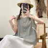 Verano 2025 Nuevo Estilo para Mujer Chica Mori Cuadros Cuello Redondo de un Solo Botón Holgado Sin Mangas Camisa Chaleco Chaleco de Mujer