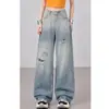 Jeans Minimalista Único Lavado Rasgado Verão Estilo Americano Desgastado Calças Wide-Leg Calças Femininas Zhengzhou Calças Compridas