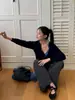 Shi Jian ACME Calça Saia Falsa de Duas Peças Feminina Outono Cordão Cintura Alta Perna Larga Emagrecimento Caimento Casual Calças 92079