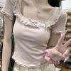 Patchwork Dulce y Picante Estilo Verano 2025 Deseo Puro Cuello Cuadrado Doble Capa Volantes Lazo Juvenil Ajustado Manga Corta Top para Mujer